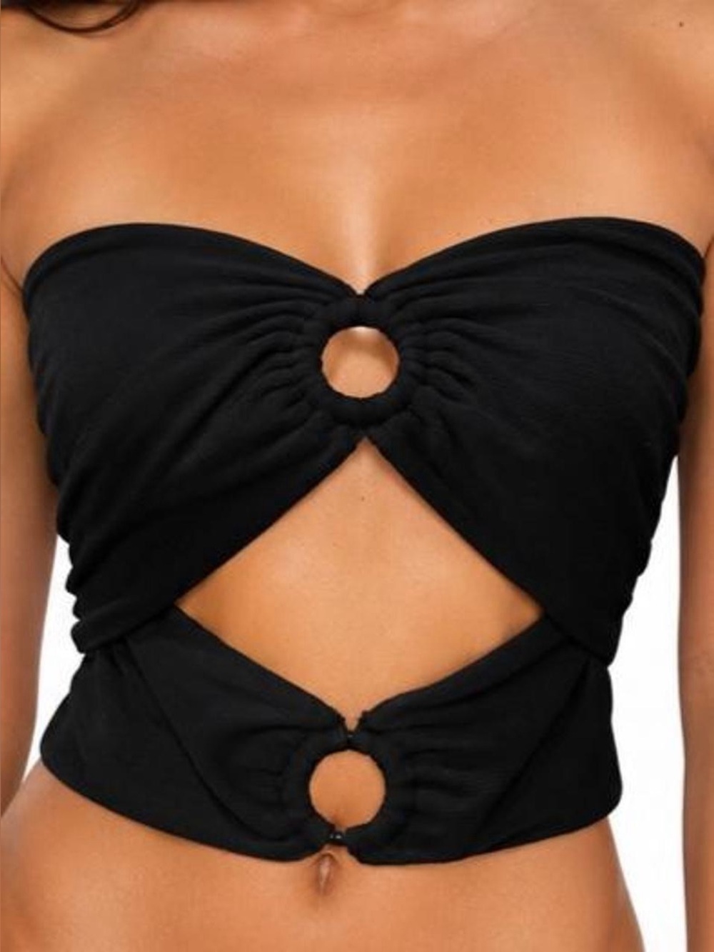 Unique and Different! Black Strapless Cutout Crop Top with Ring Details, size L